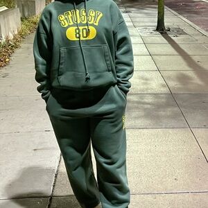 Stussy Dark Green Hoodie and Joggers with Yellow Logo $65 each